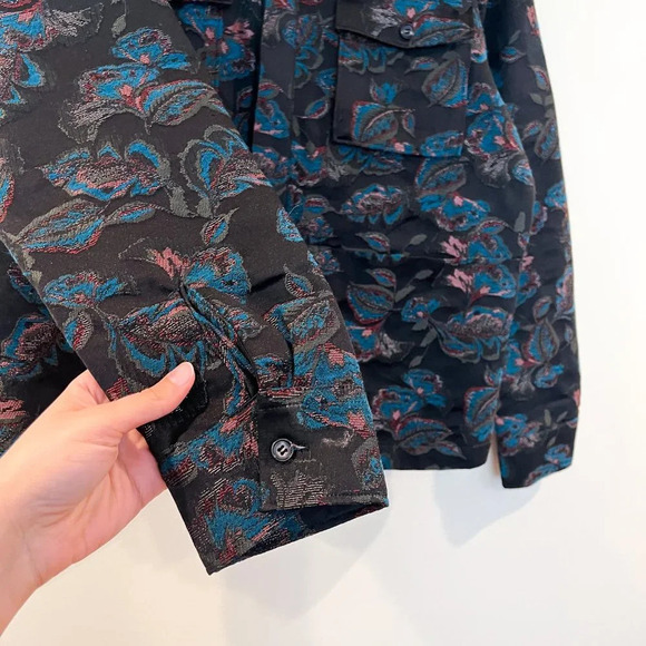 Soulland Black Floral Collared Bohemian Festival Style Button Down Canvas Jacket - Picture 3 of 12